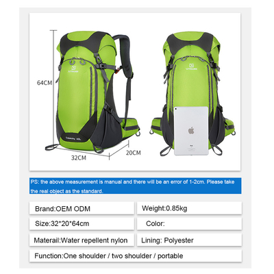 64cm Green Waterproof Hiking Backpack Women'S Lightweight Travel Backpack  40L