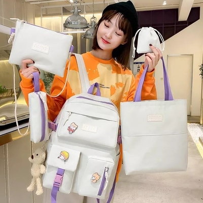 Girls School Bag Set Canvas 5 Piece Backpack Set Sling  Pencil Bag ODM
