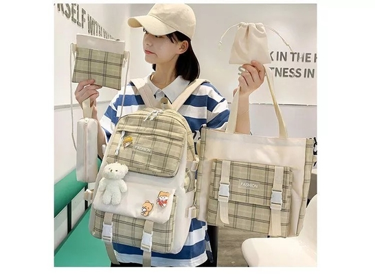 42cm Student School Backpack Sets Lovely Grid Printing 5 Pieces Backpack