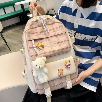 42cm Student School Backpack Sets Lovely Grid Printing 5 Pieces Backpack