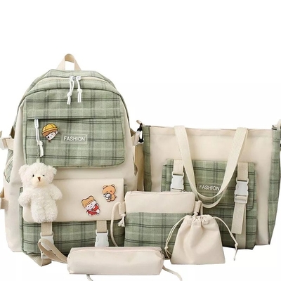 42cm Student School Backpack Sets Lovely Grid Printing 5 Pieces Backpack