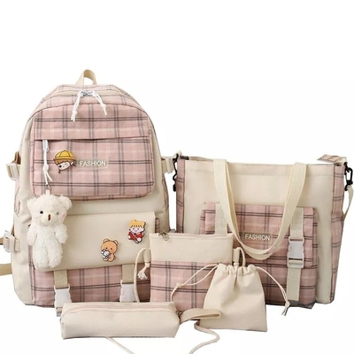 42cm Student School Backpack Sets Lovely Grid Printing 5 Pieces Backpack